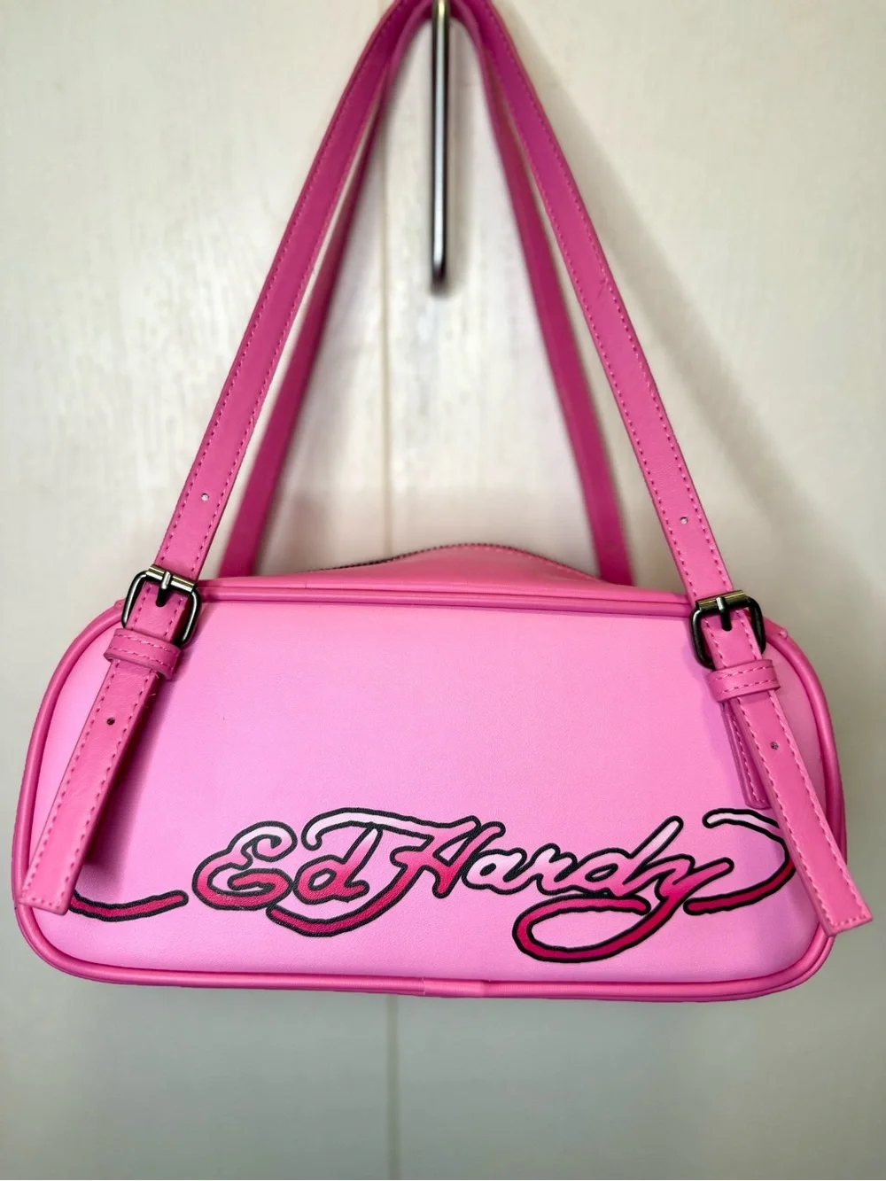 Ed Hardy Pink Purple Multi Colored Floral Skull Bowler Shoulder Bag NWT